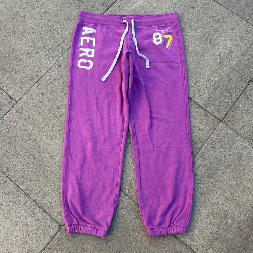 Aeropostale Womens Purple Fleece Jogger Sweatpants Aero 87 Graphic Size Large